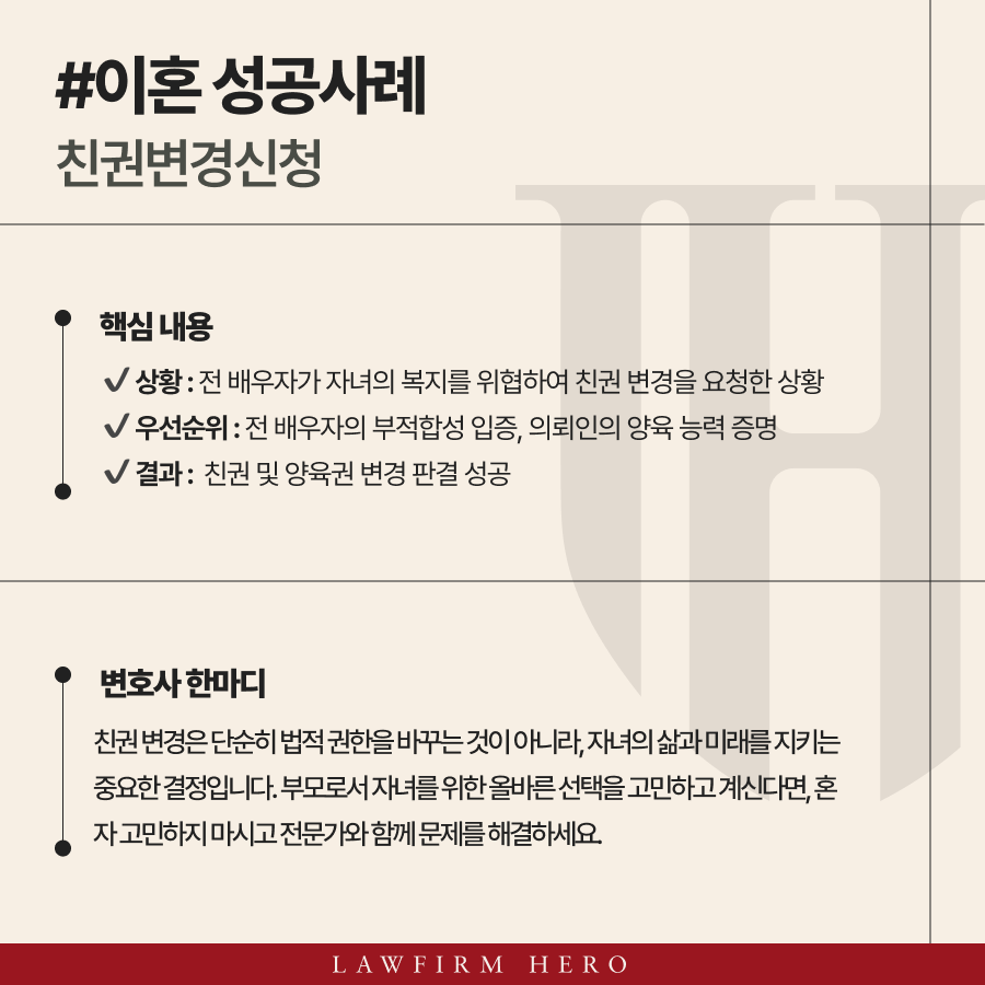 무책임한 전 배우자와의 친권 변경 소송에서 자녀의 복리를 위해 성공적으로 친권과 양육권을 변경한 사례