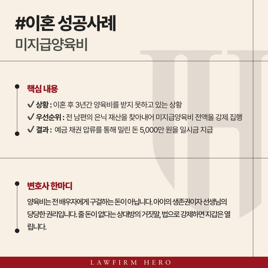 미지급양육비, 5천만원 일시금 회수 성공사례