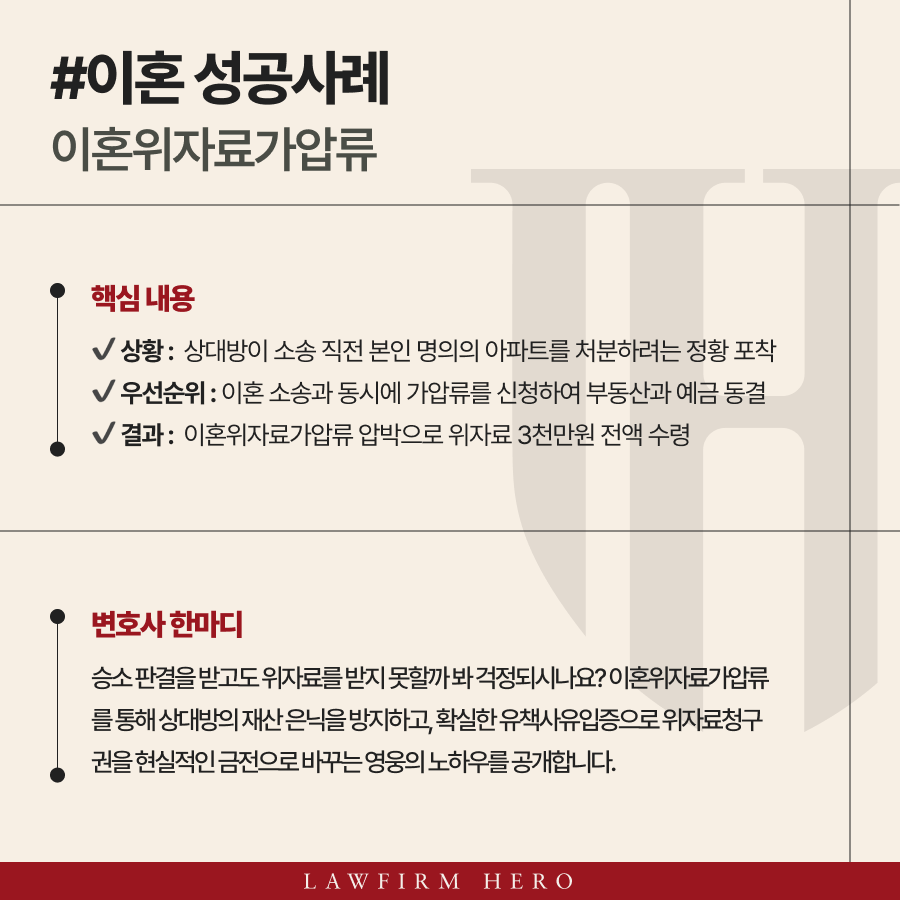 승소 판결을 받고도 위자료를 받지 못할까 봐 걱정되시나요? 이혼위자료가압류를 통해 상대방의 재산 은닉을 방지하고, 확실한 유책사유입증으로 위자료청구권을 현실적인 금전으로 치환하는 영웅의 노하우를 공개합니다.